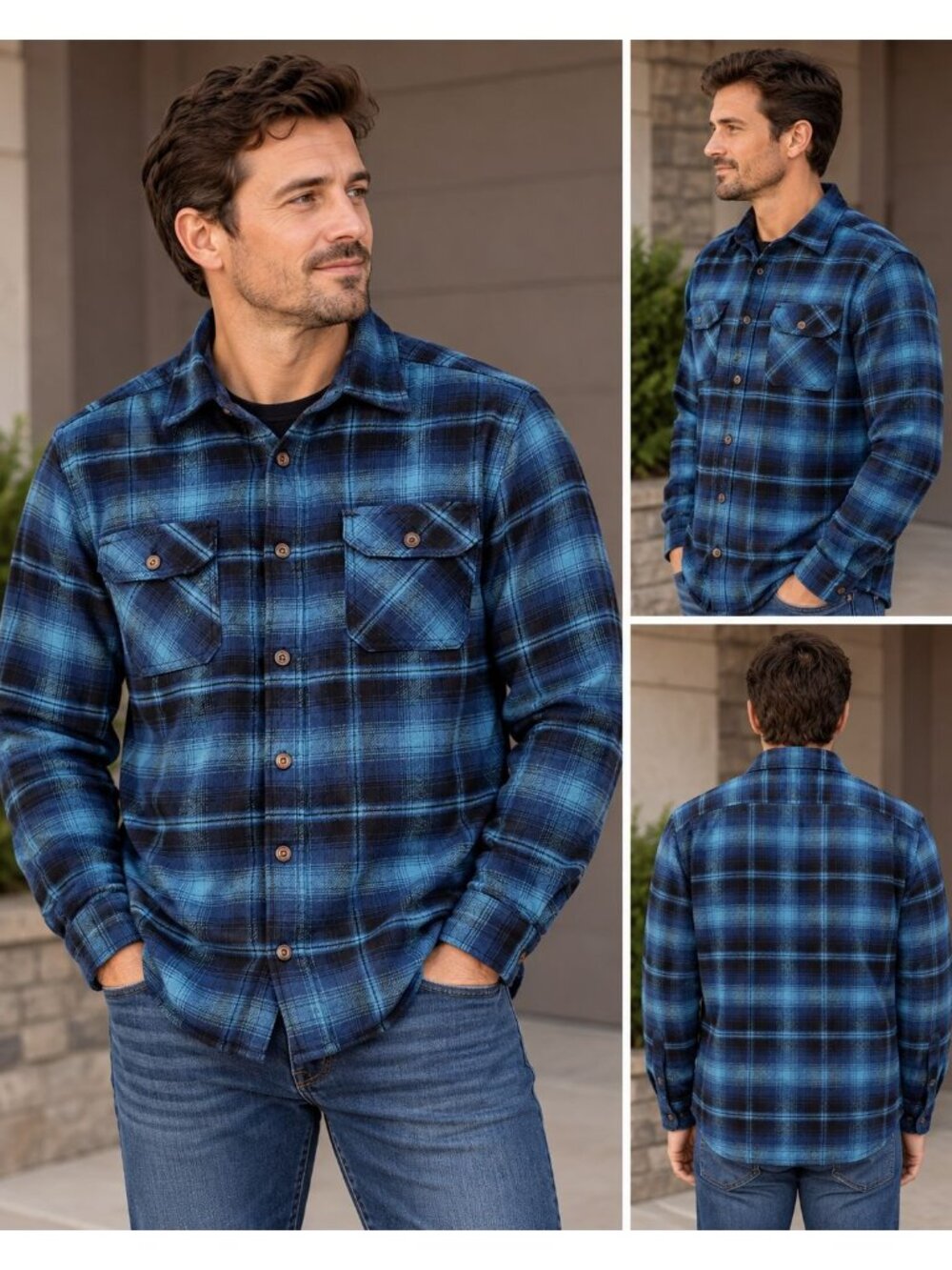 Jachs Heritage blue and black plaid heavyweight flannel shirt dual button-flap M